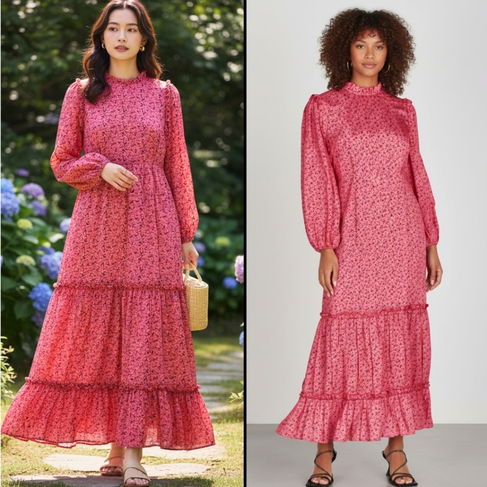 RIXO Monet Pink/Black Floral Silk Cotton Maxi Dress Long Sleeves Summer Size S‎